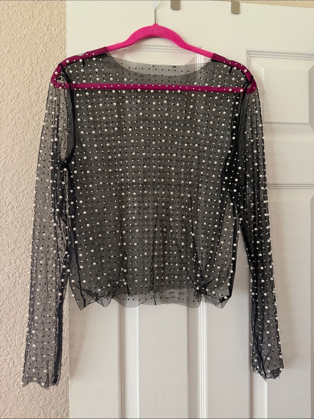Sheer Black Pearl-Studded Long Sleeve Top